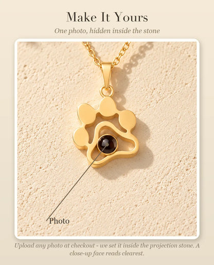 Personalization guide showing where your photo goes inside the projection stone of the paw print necklace
