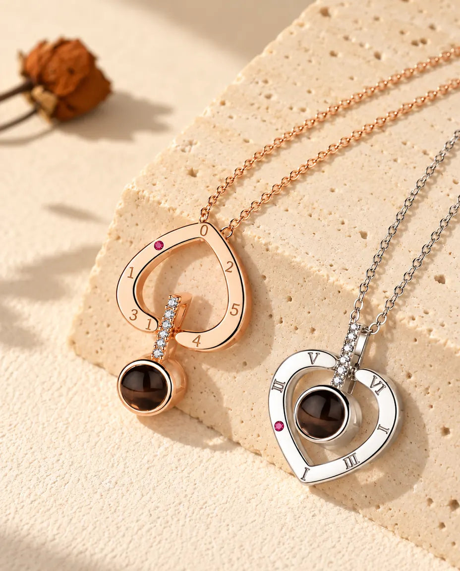 Rose gold tone Roman numeral heart worn the second way beside the silver one worn the usual way