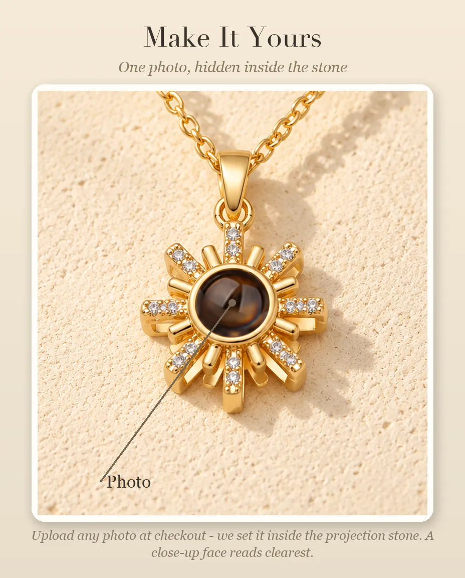 Personalization guide showing where your photo goes inside the projection stone of the sunburst necklace