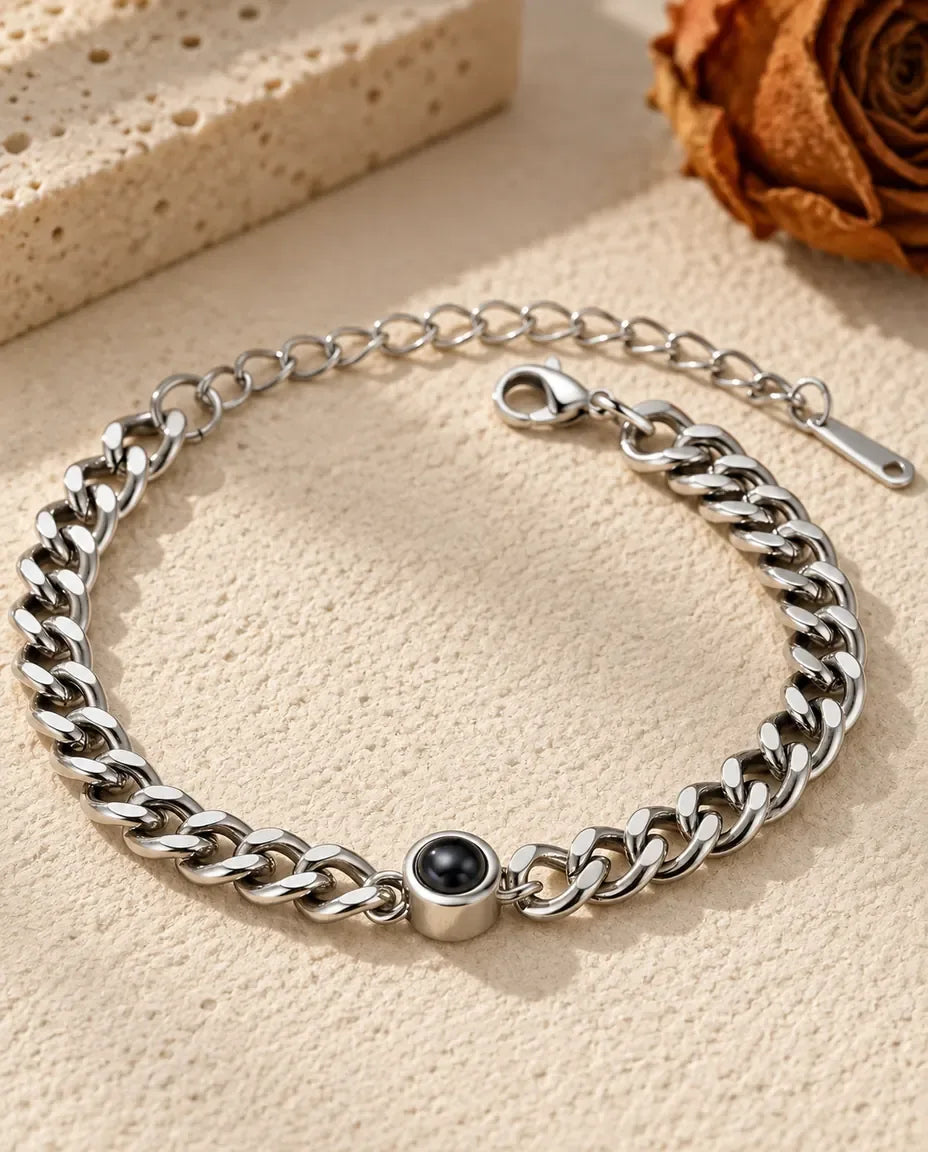Men's Photo Projection Bracelet with Picture Inside - front view in silver