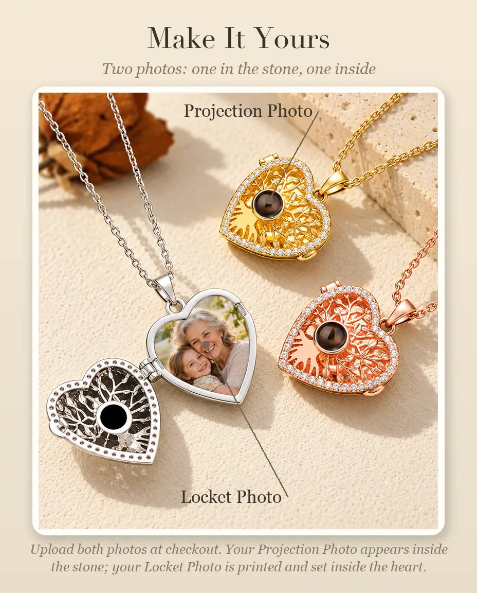 Personalization guide showing the Projection Photo inside the stone and the Locket Photo inside the heart