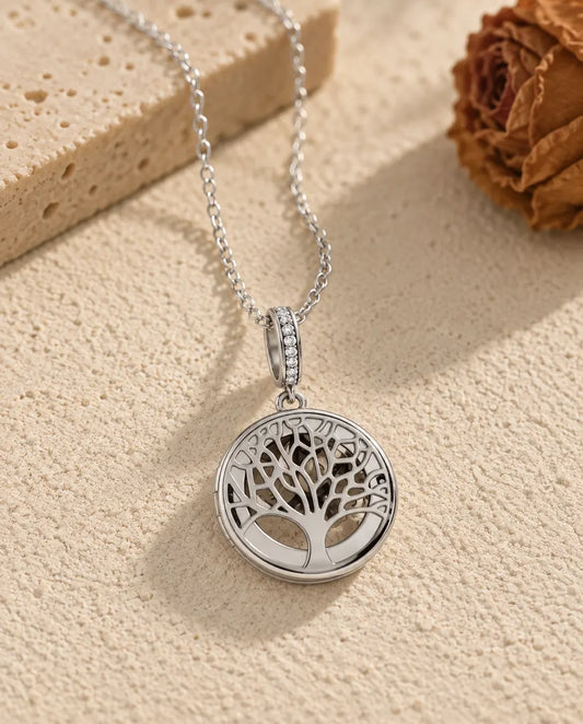 Personalized Tree of Life Locket Necklace - front view in silver