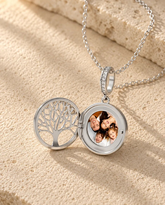 Personalized Tree of Life Locket Necklace - open, showing the photo inside