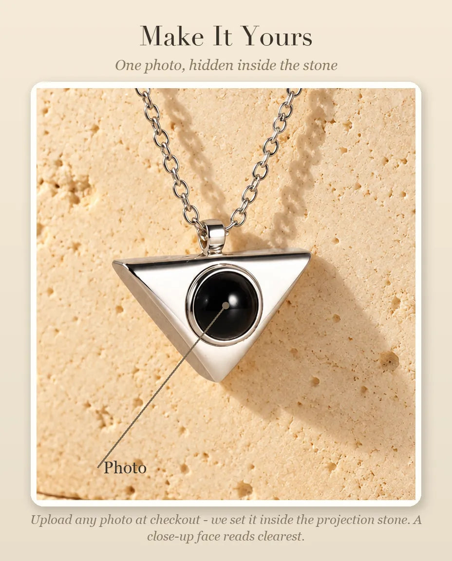 Personalization guide showing where your photo goes inside the projection stone of the triangle necklace