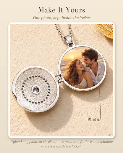 Personalization guide showing where your photo goes inside the round trinity knot locket