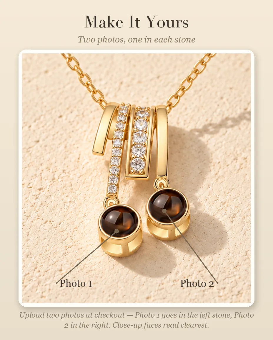 Personalization guide showing Photo 1 in the left stone and Photo 2 in the right stone