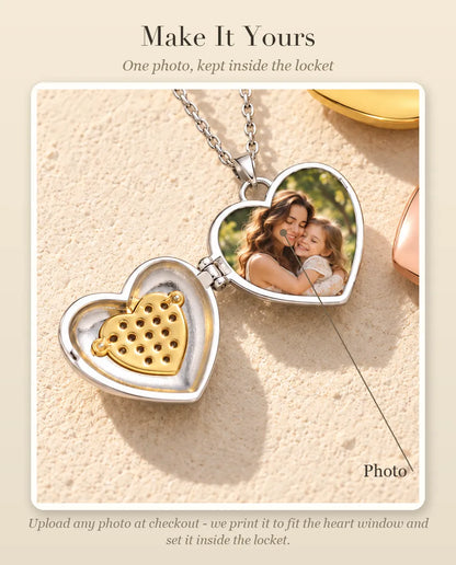 Personalization guide showing where your photo goes inside the two-tone pave heart photo locket