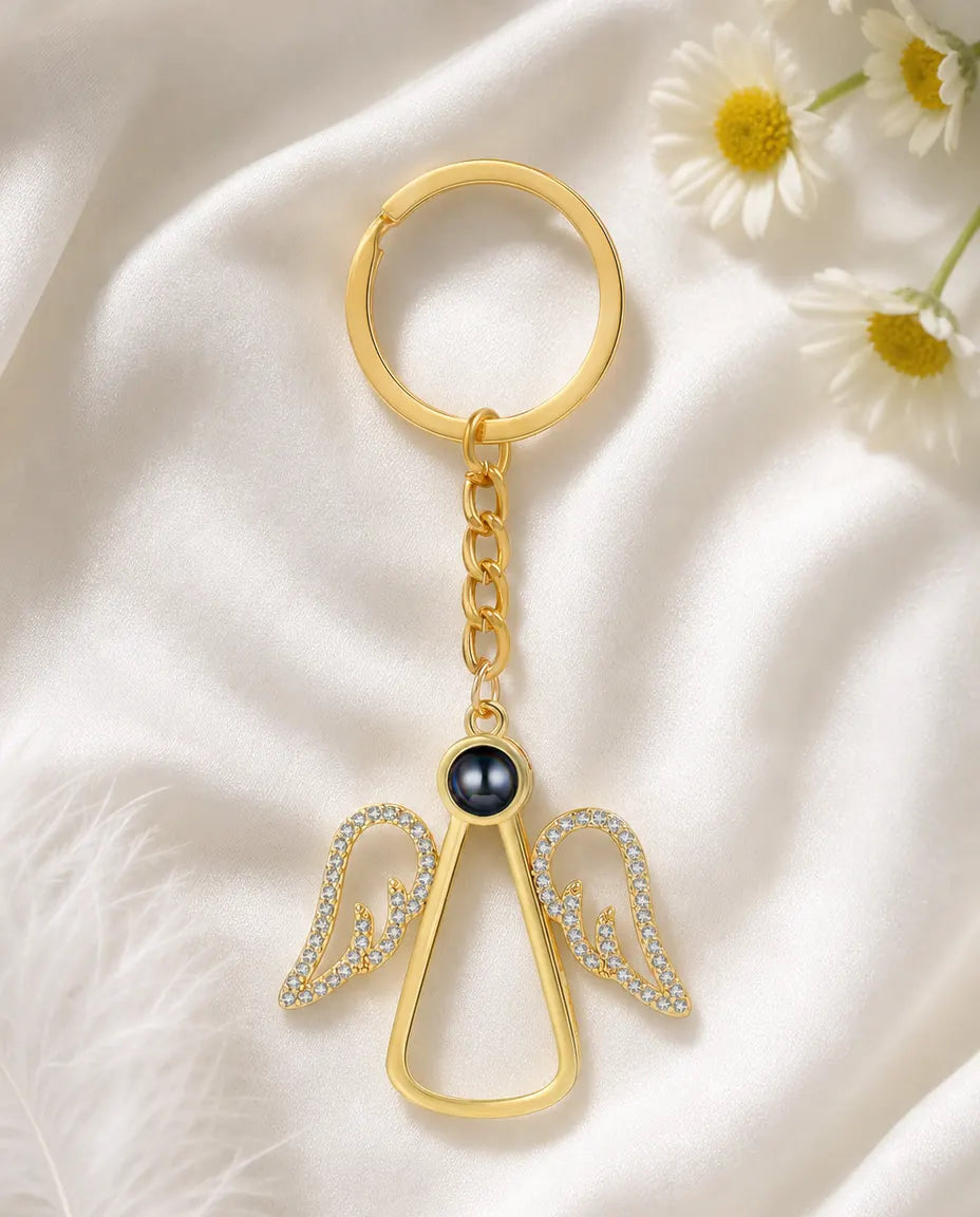 Gold guardian angel photo projection keychain on ivory silk