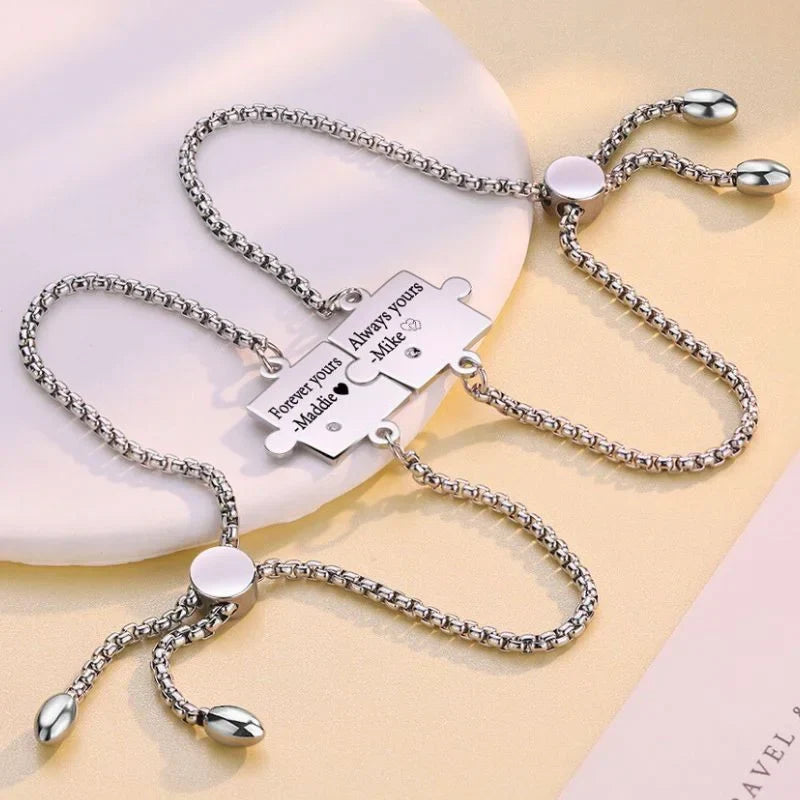 Puzzle Matching Bracelets for Couples – Engraved Birthstone His and Hers Set, Stainless Steel, 2 Pieces, Personalized Anniversary Gift