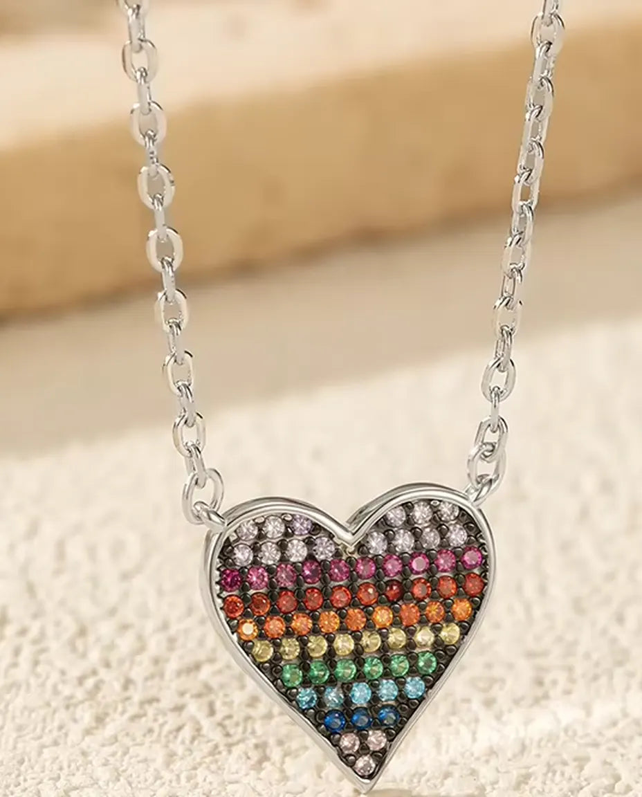 Rainbow Heart Necklace for Women - Pave Gradient Zirconia Pendant, 40 + 5 cm Chain in 925 Sterling Silver