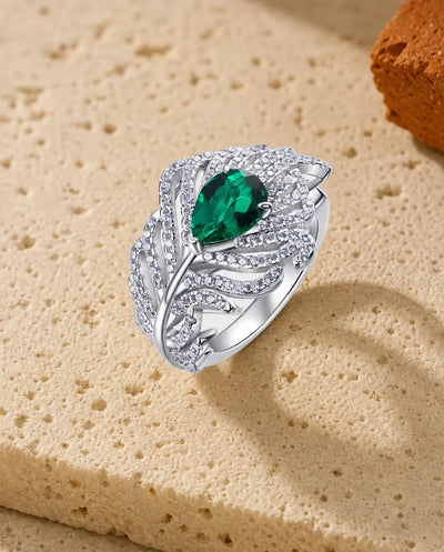 Lab Emerald Ring – Feather Wing Statement Ring with Oval Green Stone, 925 Sterling Silver Birthstone Gift for Her