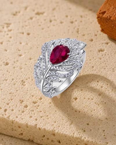 Lab Ruby Ring – Feather Wing Statement Ring with Oval Red Stone, 925 Sterling Silver Birthstone Gift for Her