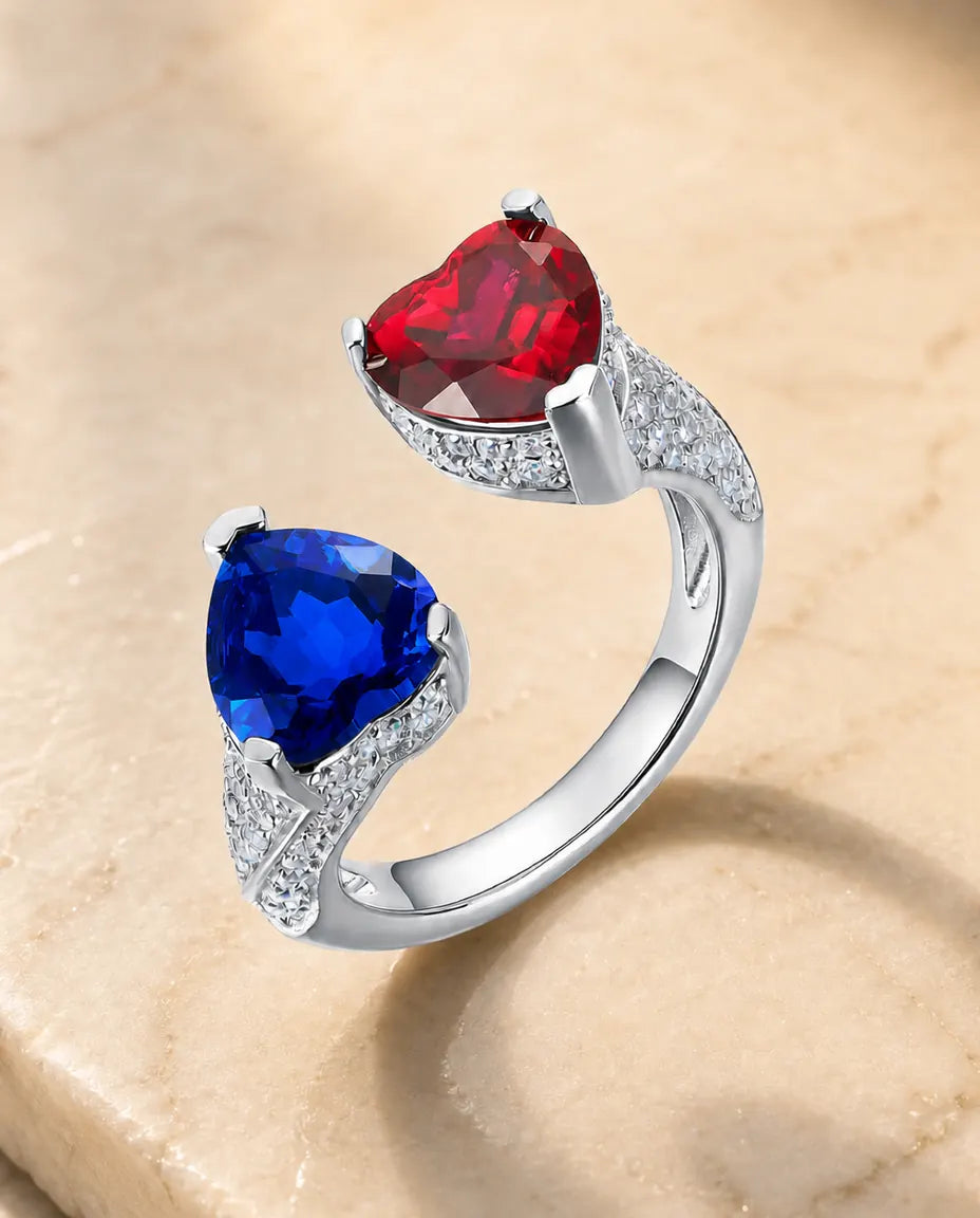 lab-created sapphire and ruby toi-et-moi double-heart bypass ring in sterling silver, adjustable