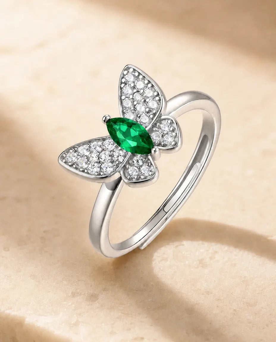lab-created emerald marquise butterfly ring in sterling silver, adjustable