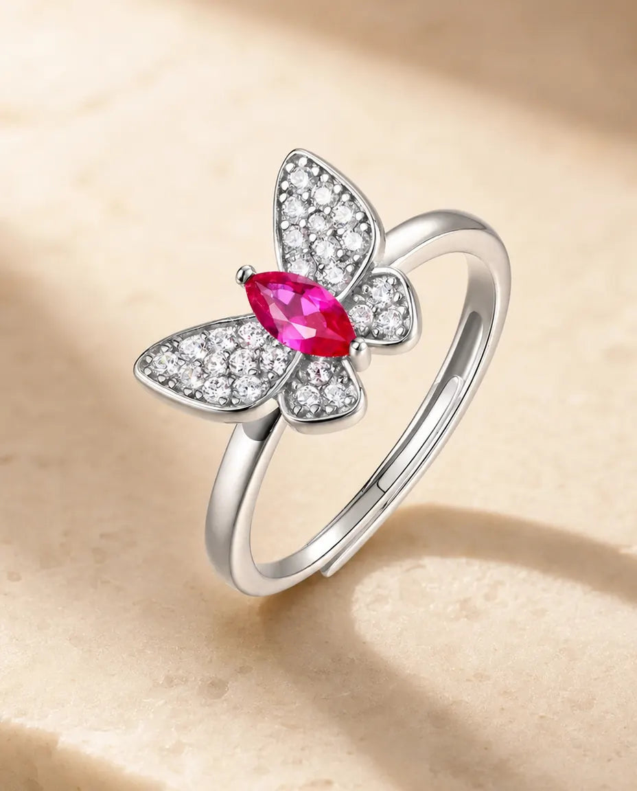 lab-created ruby marquise butterfly ring in sterling silver, adjustable