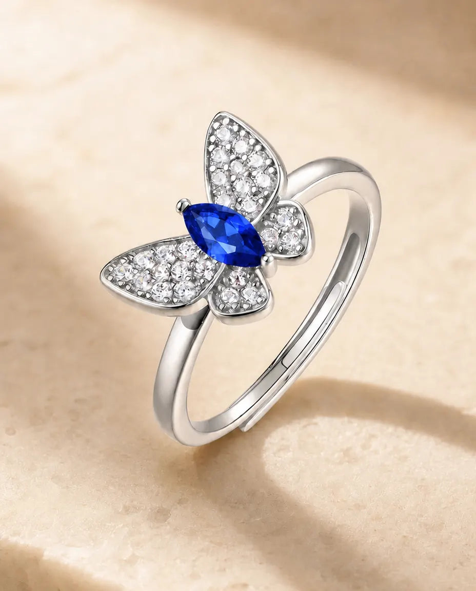 lab-created sapphire marquise butterfly ring in sterling silver, adjustable
