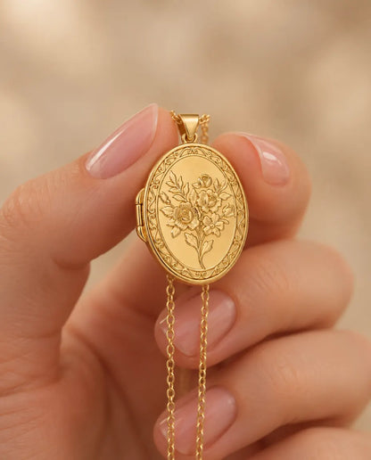 Personalized Photo Locket Necklace That Holds 2 Pictures - Rose Bouquet Oval Locket With Mother of Pearl Back held in hand