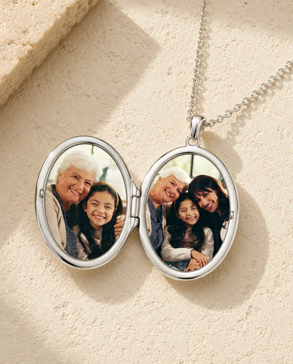 Personalized Photo Locket Necklace That Holds 2 Pictures - Rose Bouquet Oval Locket With Mother of Pearl Back, Silver or Gold