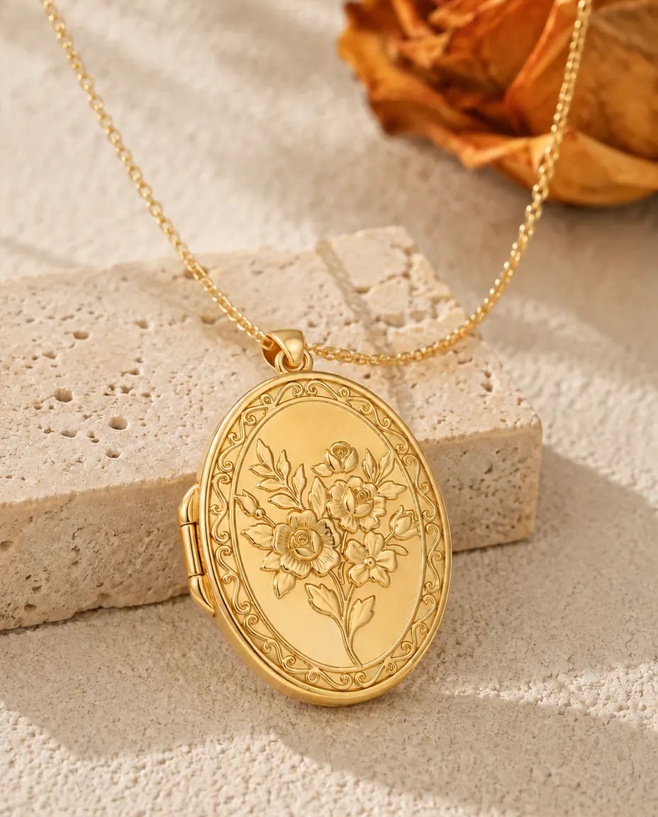 Personalized Photo Locket Necklace That Holds 2 Pictures - Rose Bouquet Oval Locket With Mother of Pearl Back, Silver or Gold