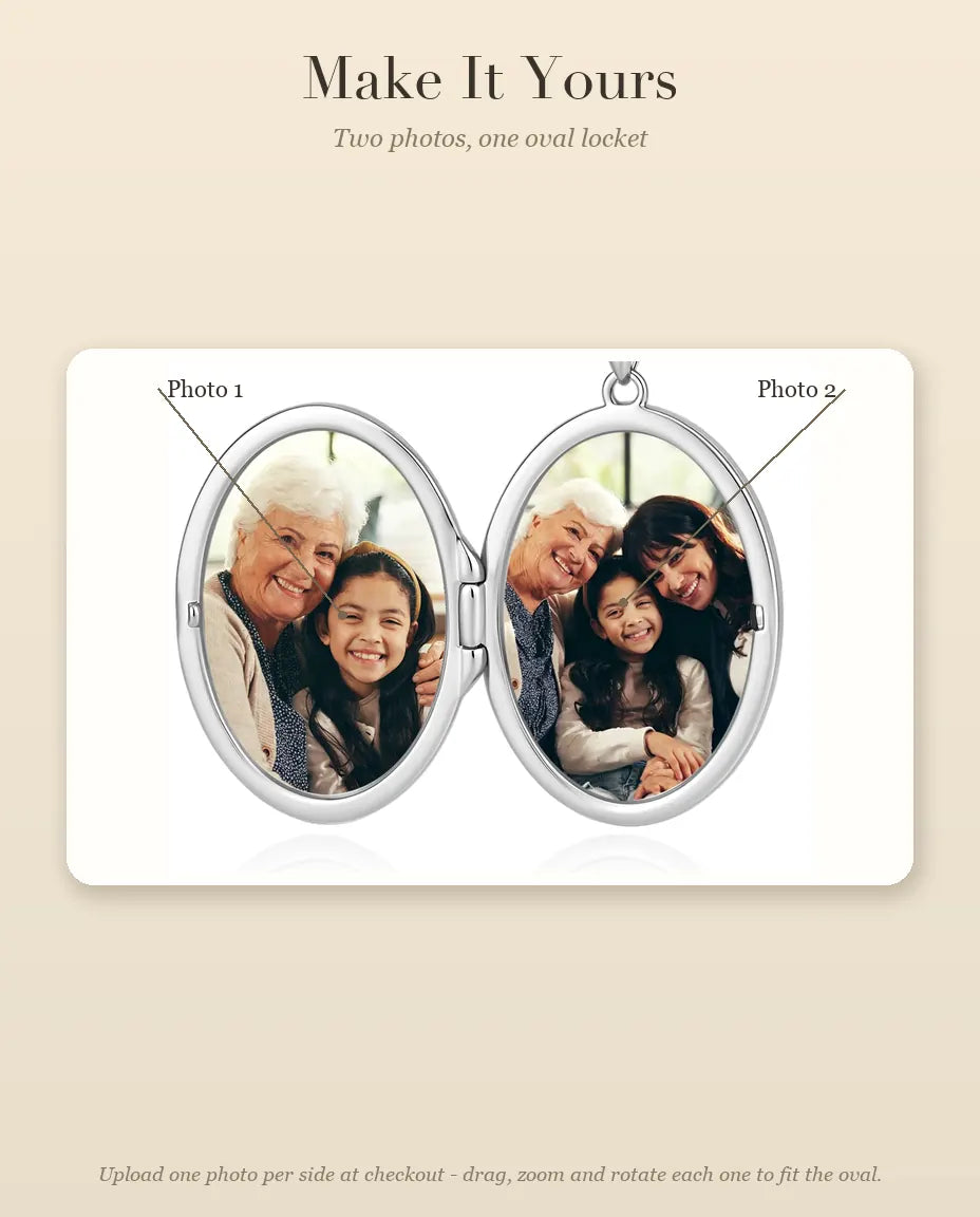 Personalized Photo Locket Necklace That Holds 2 Pictures - Rose Bouquet Oval Locket With Mother of Pearl Back, Silver or Gold