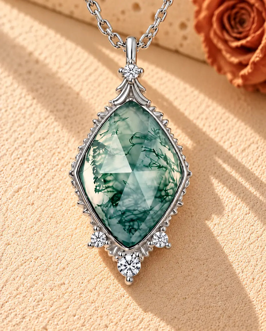 Rose Cut Moss Agate Lozenge Necklace in 925 Sterling Silver - lying on a cream textured surface beside a travertine block