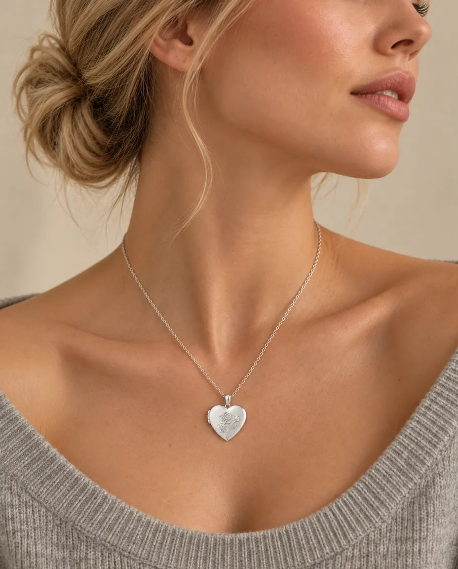 Personalized Photo Locket Necklace That Holds 2 Pictures - Rose Relief Heart Locket With Mother of Pearl Back worn on a model