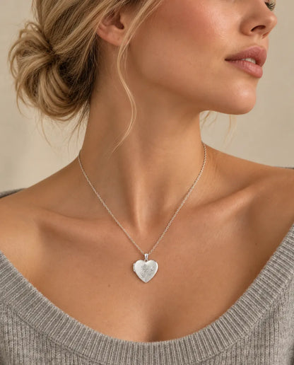 Personalized Photo Locket Necklace That Holds 2 Pictures - Rose Relief Heart Locket With Mother of Pearl Back worn on a model