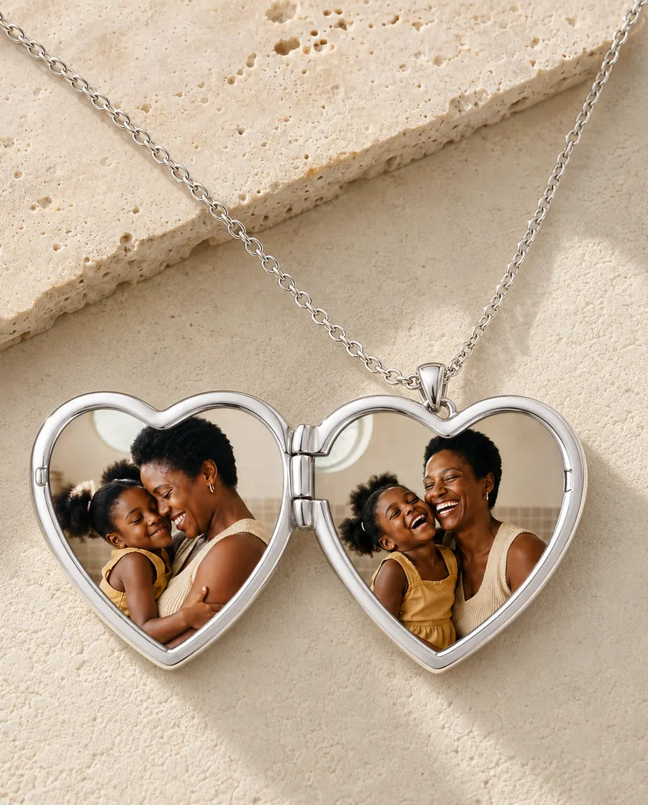 Personalized Photo Locket Necklace That Holds 2 Pictures - Rose Relief Heart Locket With Mother of Pearl Back, Silver or Gold