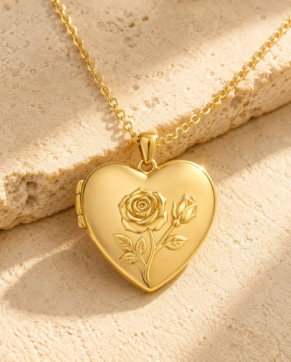 Personalized Photo Locket Necklace That Holds 2 Pictures - Rose Relief Heart Locket With Mother of Pearl Back, Silver or Gold