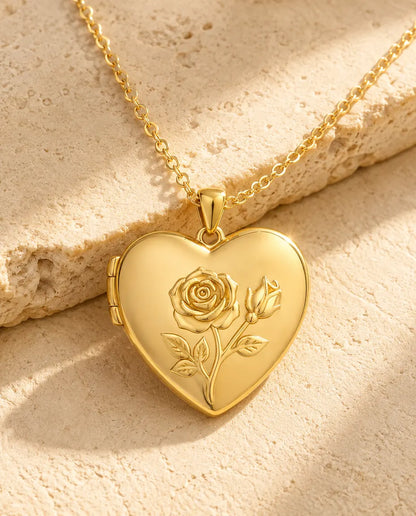 Personalized Photo Locket Necklace That Holds 2 Pictures - Rose Relief Heart Locket With Mother of Pearl Back, Silver or Gold