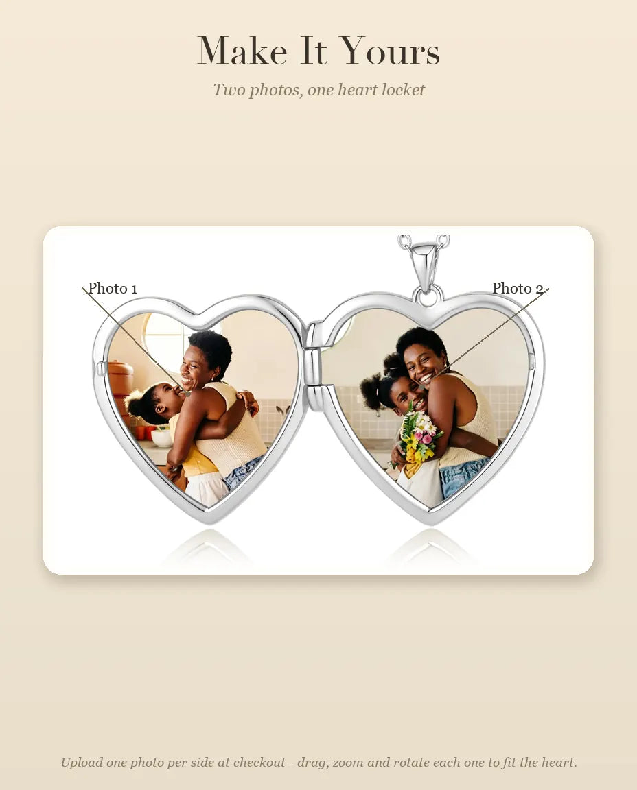 Personalized Photo Locket Necklace That Holds 2 Pictures - Rose Relief Heart Locket With Mother of Pearl Back, Silver or Gold