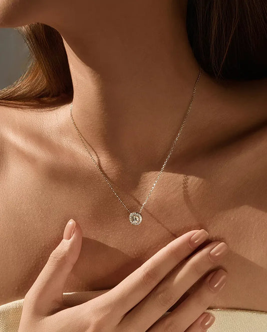 Round Moissanite Halo Jewelry Set in 925 Sterling Silver - necklace worn on a model
