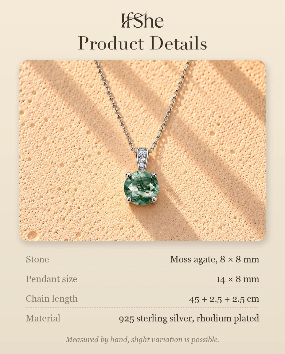 Round Moss Agate Solitaire Necklace in 925 Sterling Silver - product details with stones, pendant size, chain length and material