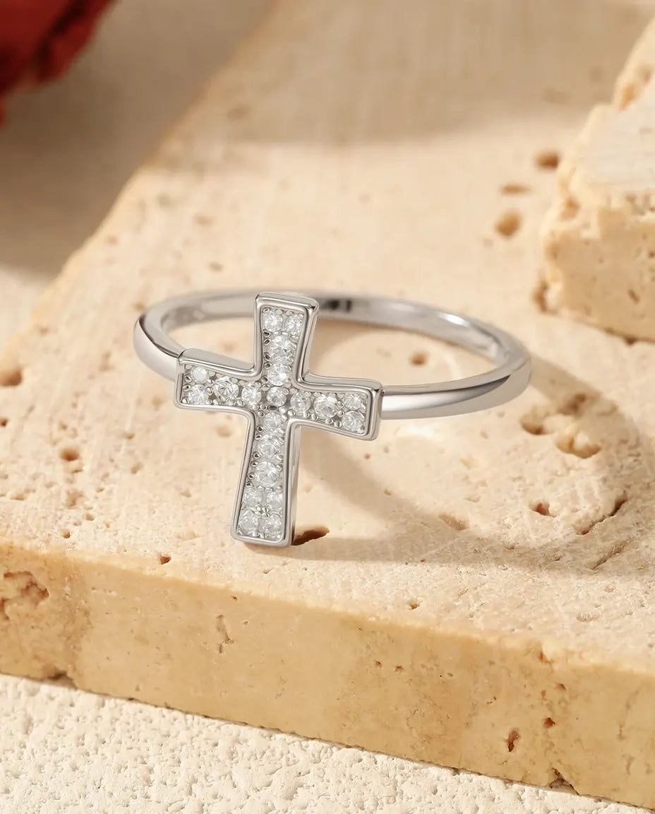 Sideways cross moissanite ring in 925 sterling silver with pave stones