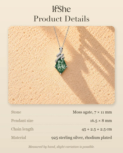 Snake Moss Agate Necklace in 925 Sterling Silver - product details with stones, pendant size, chain length and material