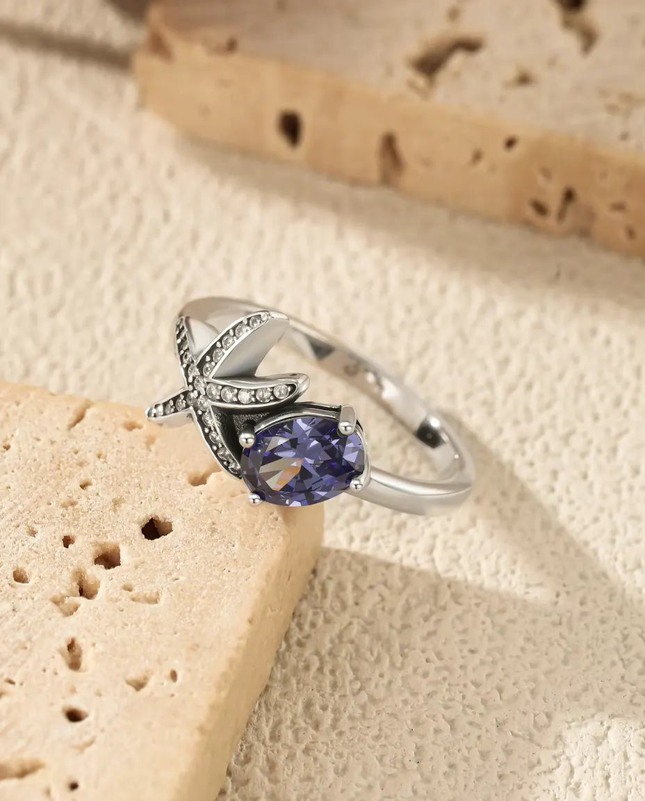 Starfish Ring for Women - 5 x 7 mm Oval Violet Zirconia with Pave Star Arms, Sizes 5 to 9, 925 Sterling Silver