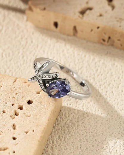Starfish Ring for Women - 5 x 7 mm Oval Violet Zirconia with Pave Star Arms, Sizes 5 to 9, 925 Sterling Silver