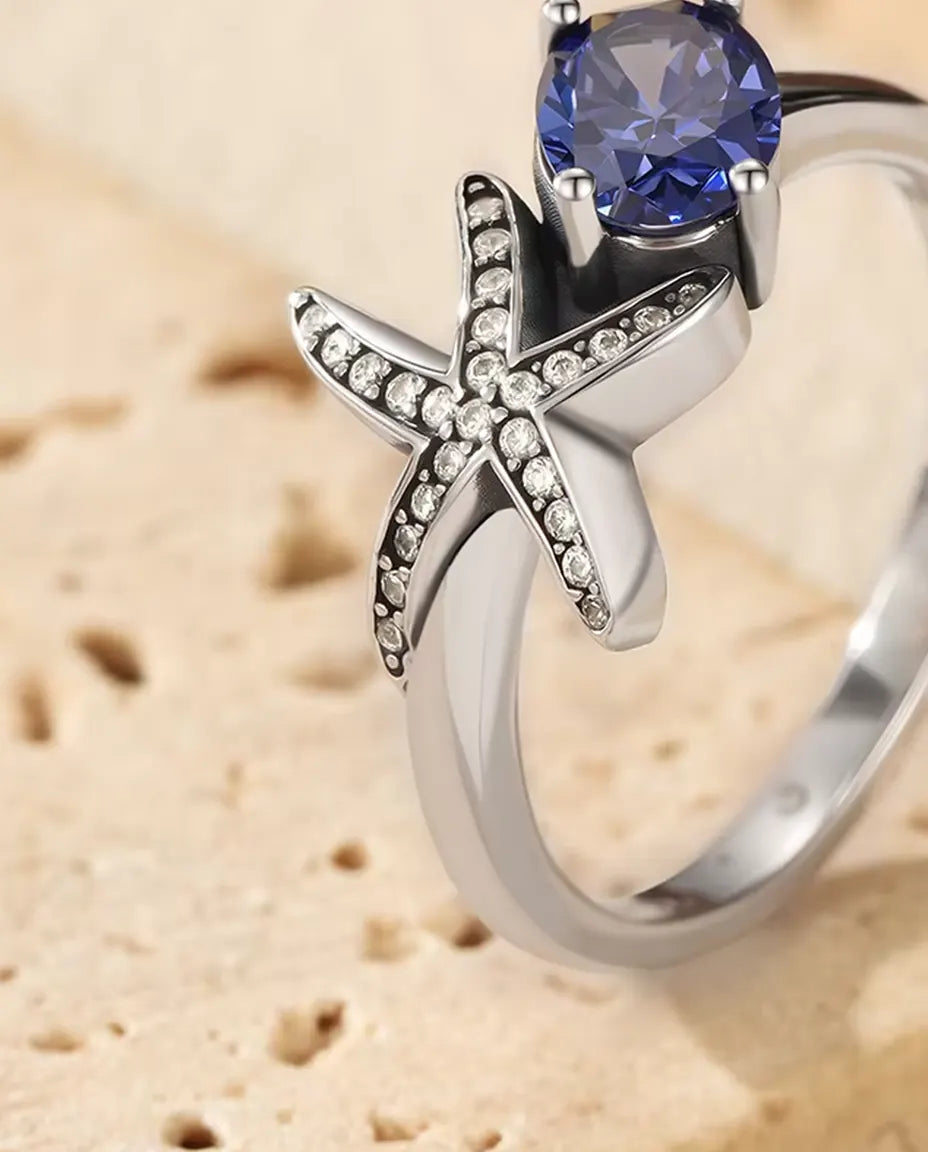 Starfish Ring for Women - 5 x 7 mm Oval Violet Zirconia with Pave Star Arms, Sizes 5 to 9, 925 Sterling Silver