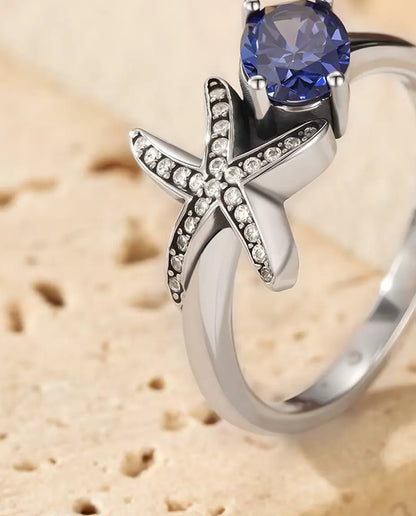 Starfish Ring for Women - 5 x 7 mm Oval Violet Zirconia with Pave Star Arms, Sizes 5 to 9, 925 Sterling Silver