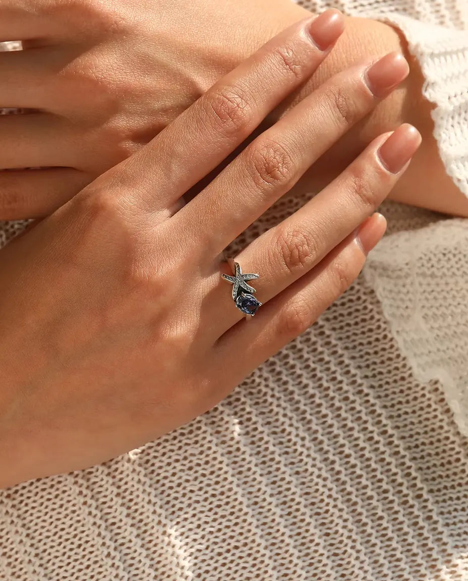 Starfish Ring for Women - 5 x 7 mm Oval Violet Zirconia with Pave Star Arms, Sizes 5 to 9, 925 Sterling Silver