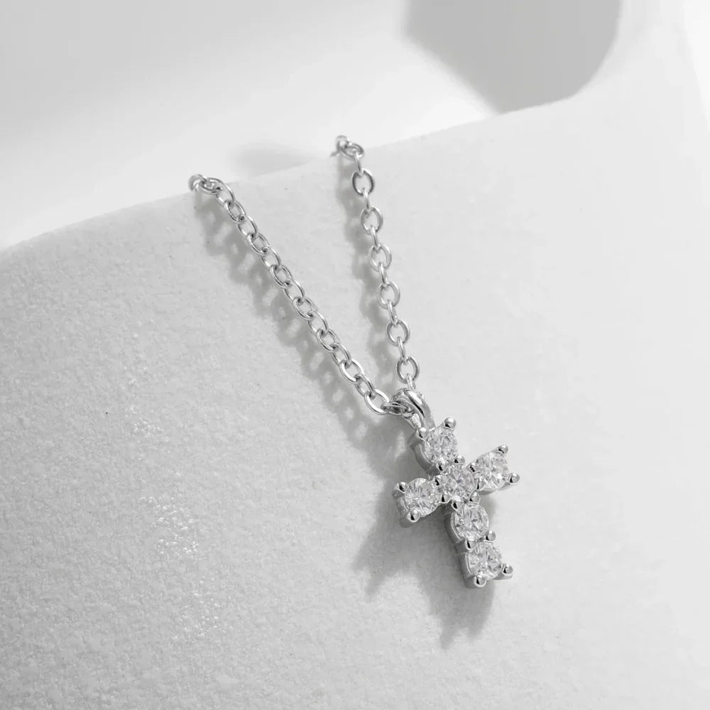 Sterling Silver Cross Necklace for Women - Silver Cross Pendant Moissanite Necklace