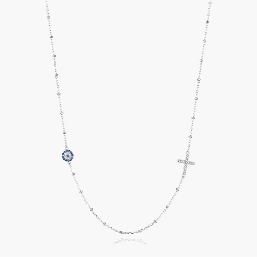 Sterling Silver Evil Eye & Cross Charm Necklace - Evil Eye Choker