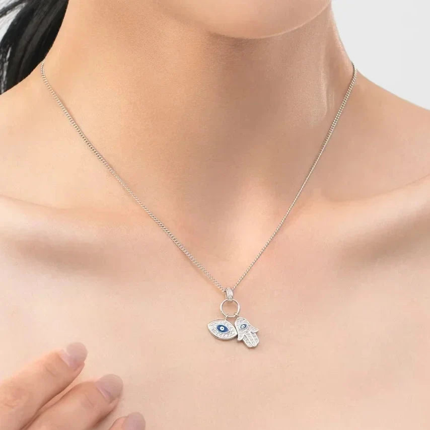 Sterling Silver Evil Eye Necklace - Turkish Blue Eye Necklace - Hamsa Hand Necklace