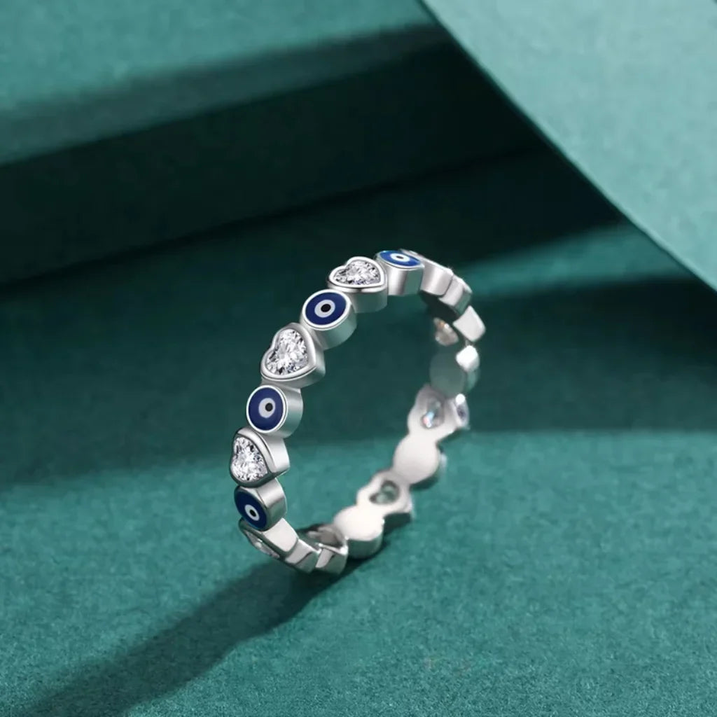 Sterling Silver Evil Eye Ring with Heart Shaped Zircons