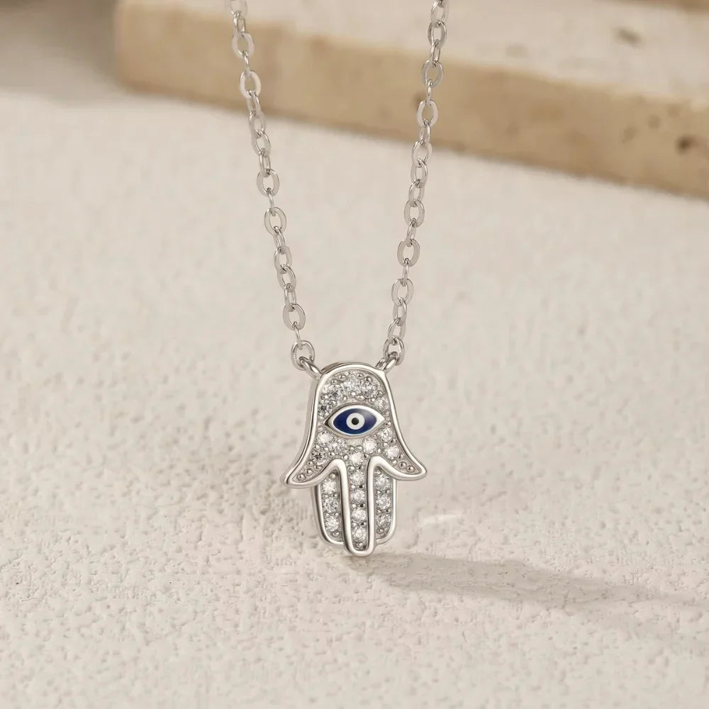 Sterling Silver Hamsa Hand & Evil Eye Necklace
