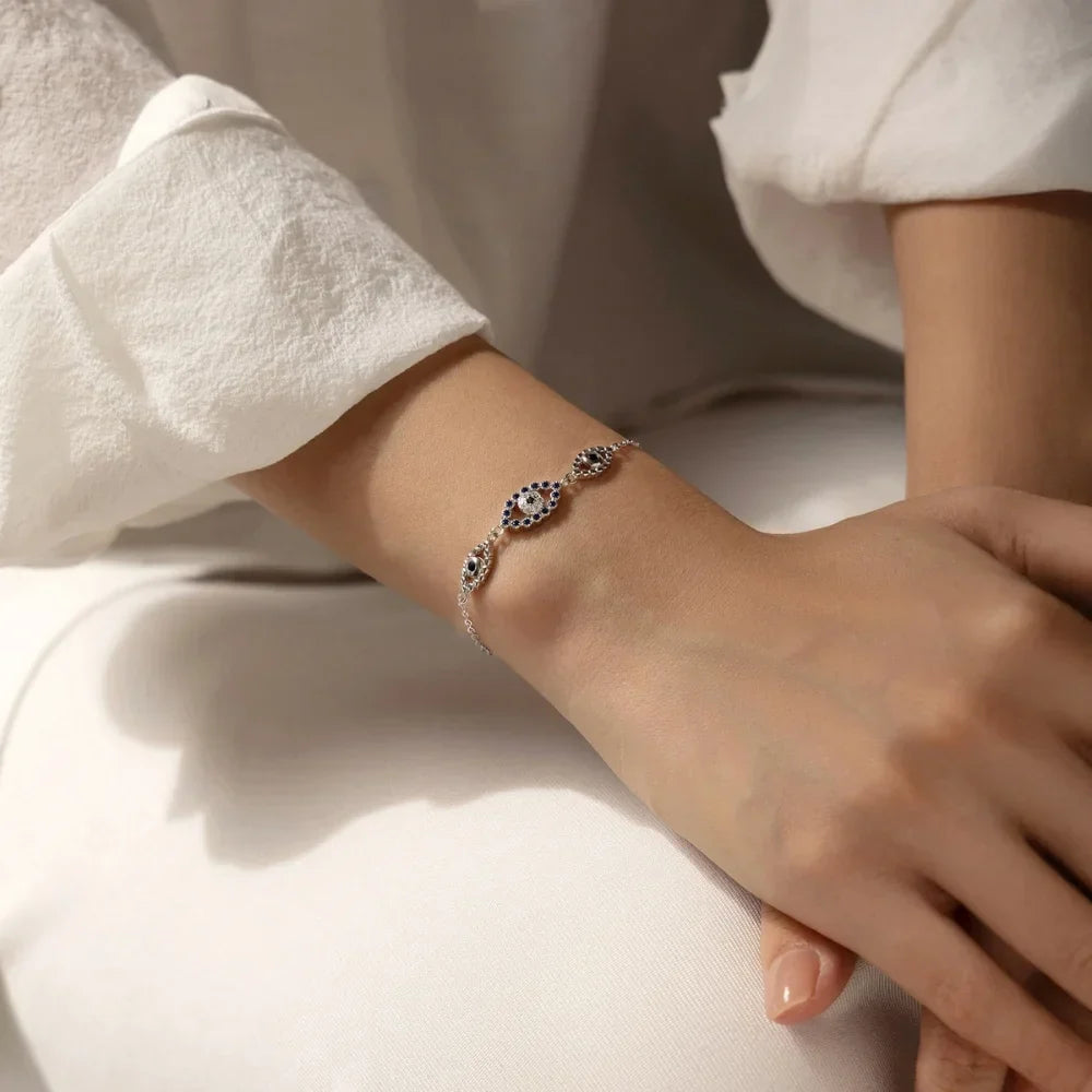 Sterling Silver Evil Eye Bracelet - Turkish Lucky Eye Jewelry for Her