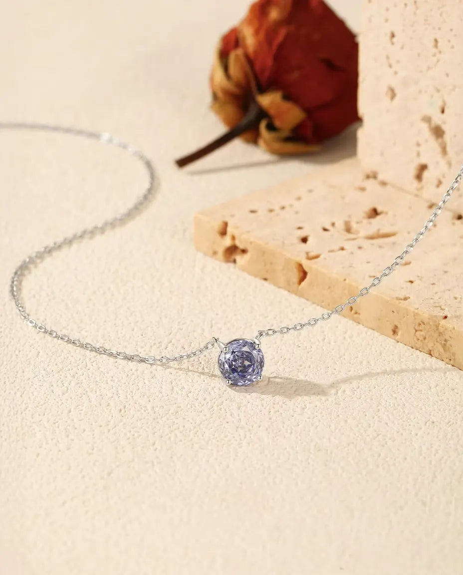 Round Tanzanite Color Cubic Zirconia Necklace in 925 Sterling Silver - 6 mm or 8 mm Violet Blue Solitaire Pendant on a Fine Chain, Gift for Her