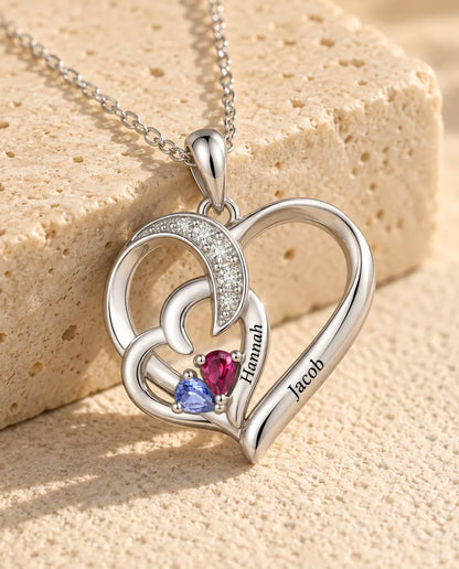 Personalized Birthstone Necklace With 2 Names - Interlocking Heart Pendant With Two Pear Simulated Birthstones, Silver