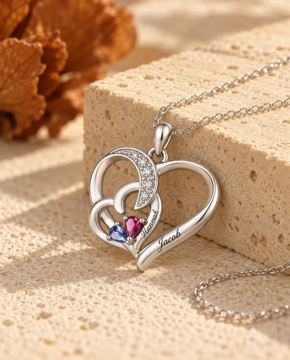Personalized Birthstone Necklace With 2 Names - Interlocking Heart Pendant With Two Pear Simulated Birthstones, Silver
