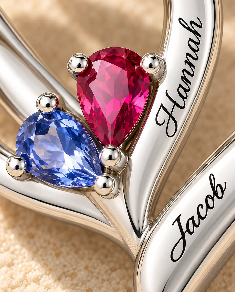 Personalized Birthstone Necklace With 2 Names - Interlocking Heart Pendant With Two Pear Simulated Birthstones, Silver